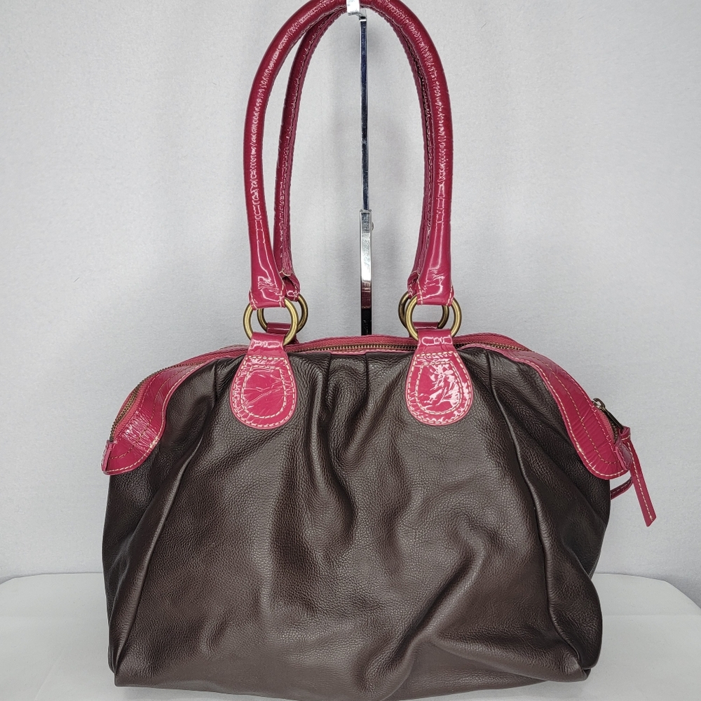 BODEN Genuine Leather Brown w/ Fuschia Trim‎ Leather Handbag. P138 - Picture 3 of 10